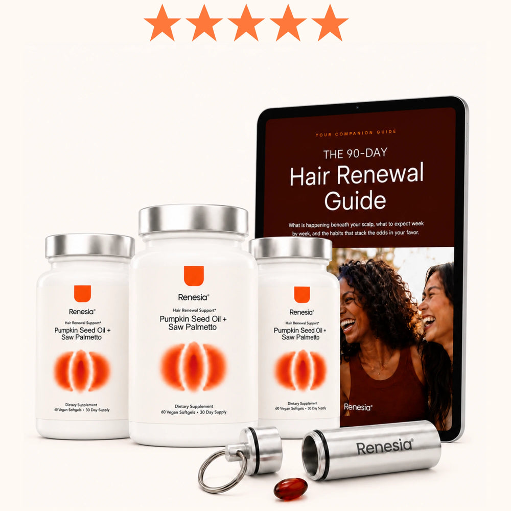 Three Renesia bottles with the 90-Day Hair Renewal Guide and on-the-go softgel case