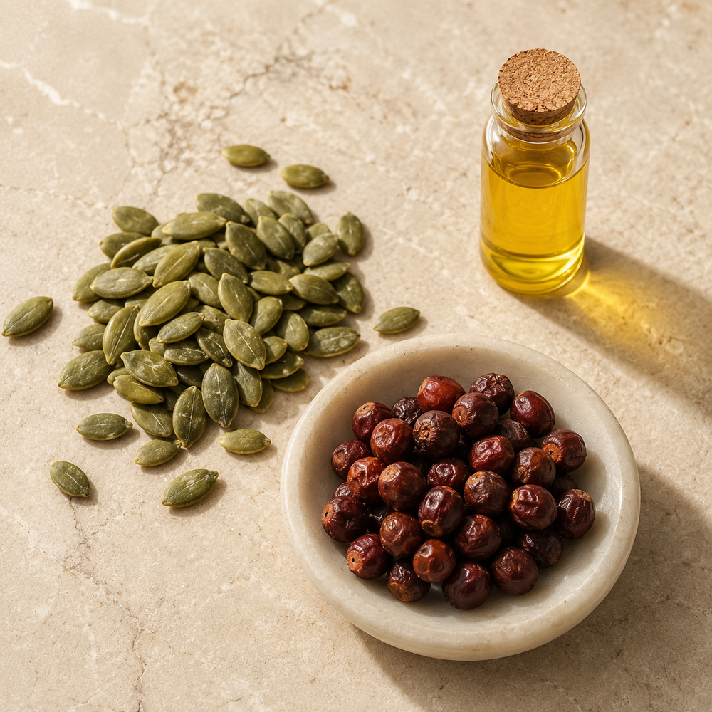 Pumpkin seeds, saw palmetto berries and pumpkin seed oil