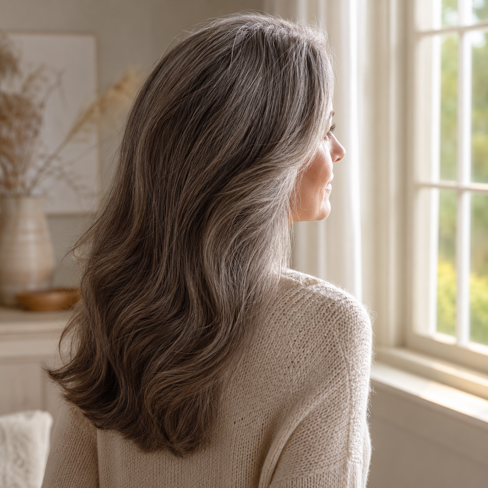 A woman with long silver hair looking out of a window