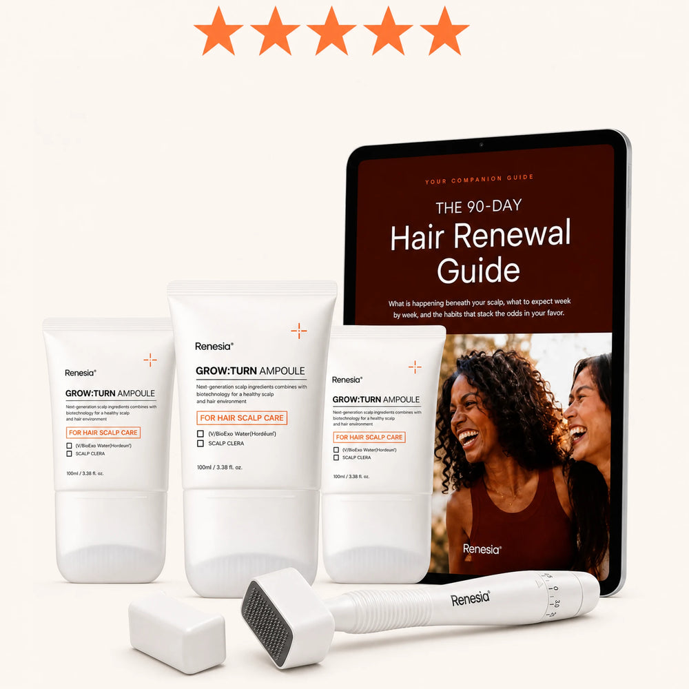 Three Renesia scalp serums, the 90-Day Hair Renewal Guide and the Scalp Growth Stamp