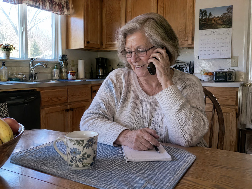 A customer on the phone with Renesia support at her kitchen table